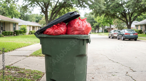 Green residential trash can filled with red garbage bags on curb recycling suburban