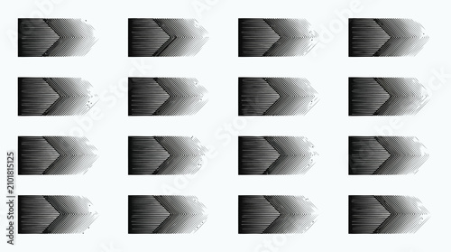 Set of abstract black and white gradient shapes with horizontal line patterns isolated on a clean white background