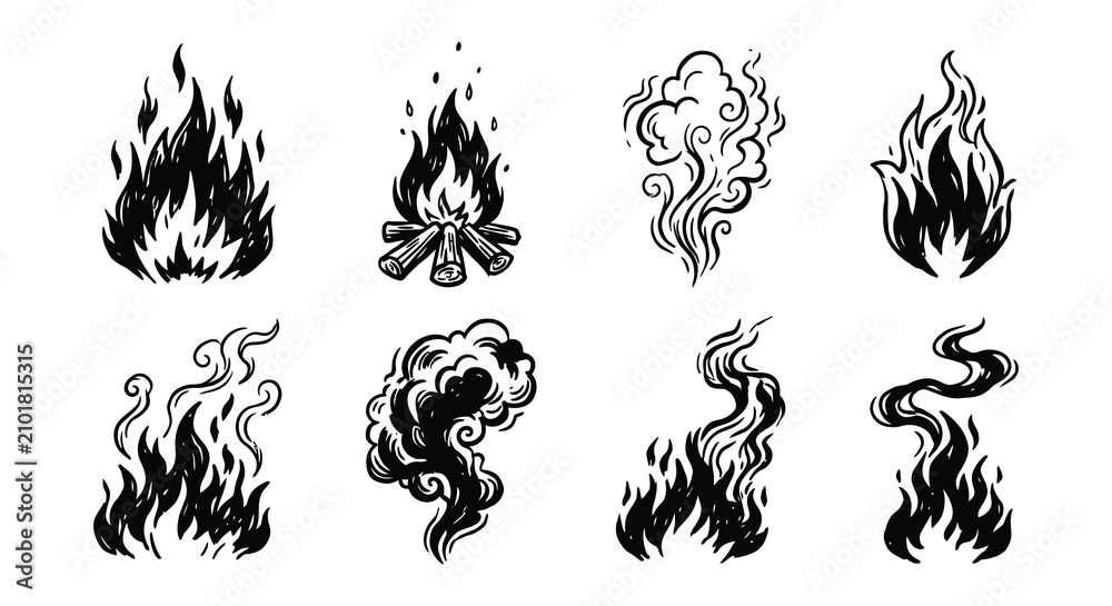Fototapeta premium Fire Flames Collection Black Vector Illustration On White Background