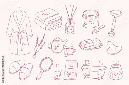 Spa and self care doodle vector illustration with pink hand drawn skincare beauty and wellness icons