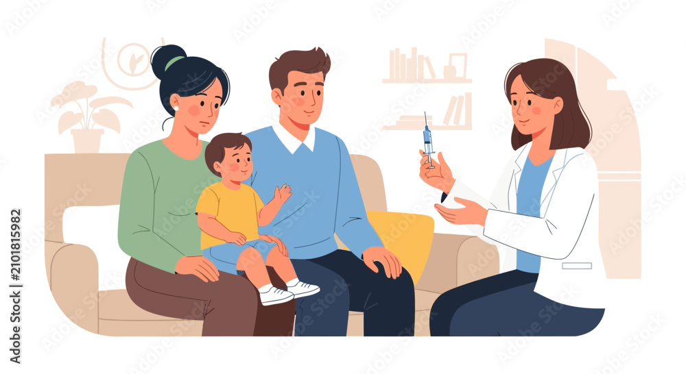 Fototapeta premium Family Vaccination: Doctor with Syringe Immunizing Child with Parents Present