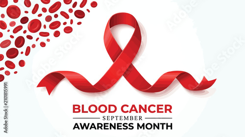 Blood cancer awareness month banner with red awareness ribbon and blood cells illustration for medical health campaign in September