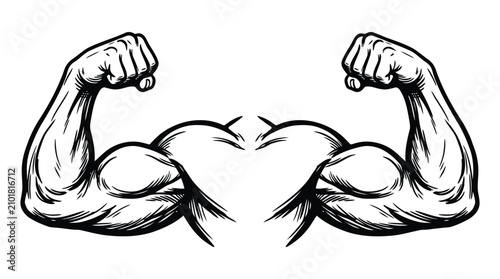 Photos Two muscular arms showing biceps in a strong pose black and white ink sketch ill