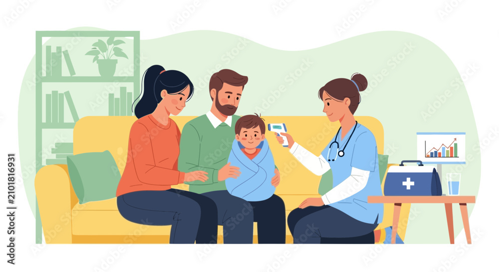 Fototapeta premium Doctor checking baby's temperature with infrared thermometer, family at home