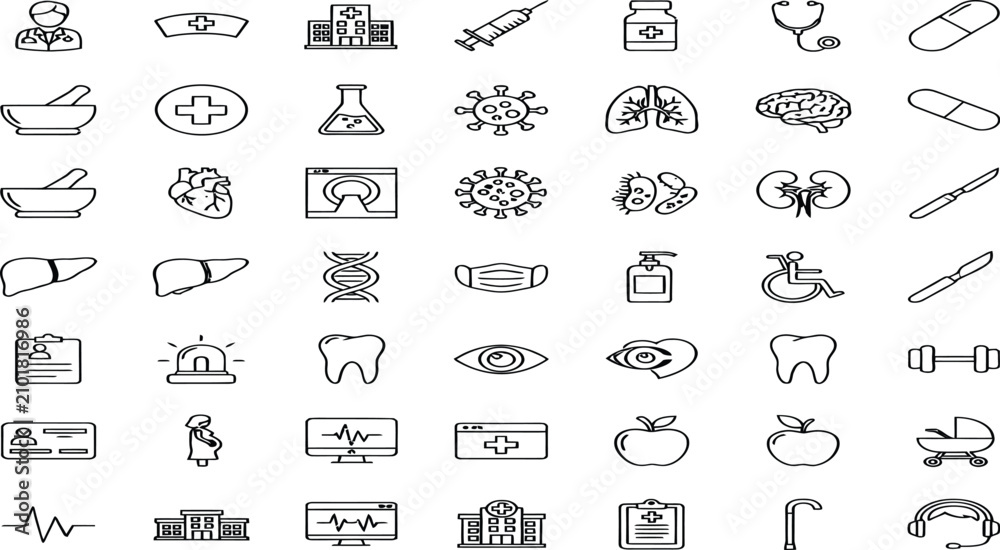Fototapeta premium Comprehensive set of medical and healthcare outline icons featuring minimalist line art for web and mobile applications isolated on a white background