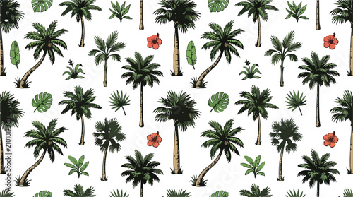 Hand Drawn Tropical Palm Tree Seamless Pattern Vector Summer Textile Background Collection
