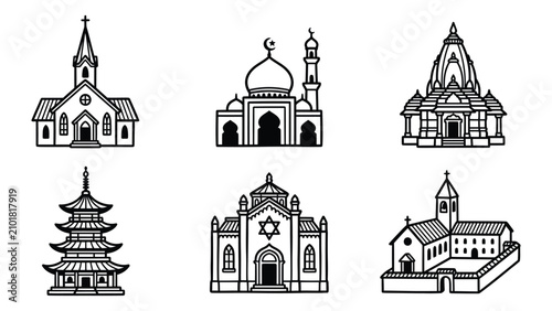 Canvas Print Set of simple black and white line icons of different world religion buildings