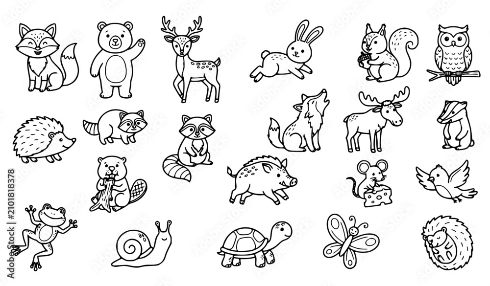 Obraz premium Doodle Forest Animal Line Art Coloring Page Vector Set for Kids