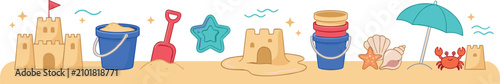 Summer Beach Vacation Banner and Border Set with Sandcastles Buckets Shovels Sea Shells Umbrellas and Cute Little Crab Illustrations for Kids Seasonal Media Designs