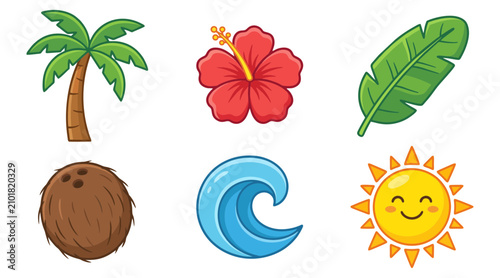 Vibrant tropical summer vector illustration set featuring a palm tree hibiscus flower banana leaf coconut ocean wave and smiling sun