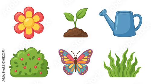 Colorful vector illustration set featuring a bright flower a small seedling a blue watering can a lush bush a butterfly