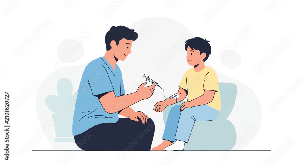 Fototapeta premium Doctor giving injection to child, healthcare check-up, medical illustration