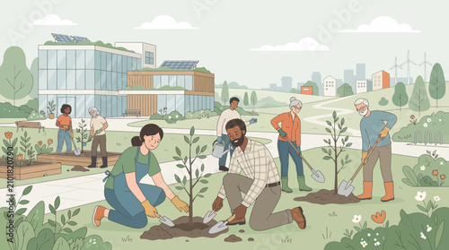 Diverse people planting trees in a modern eco-friendly community garden.