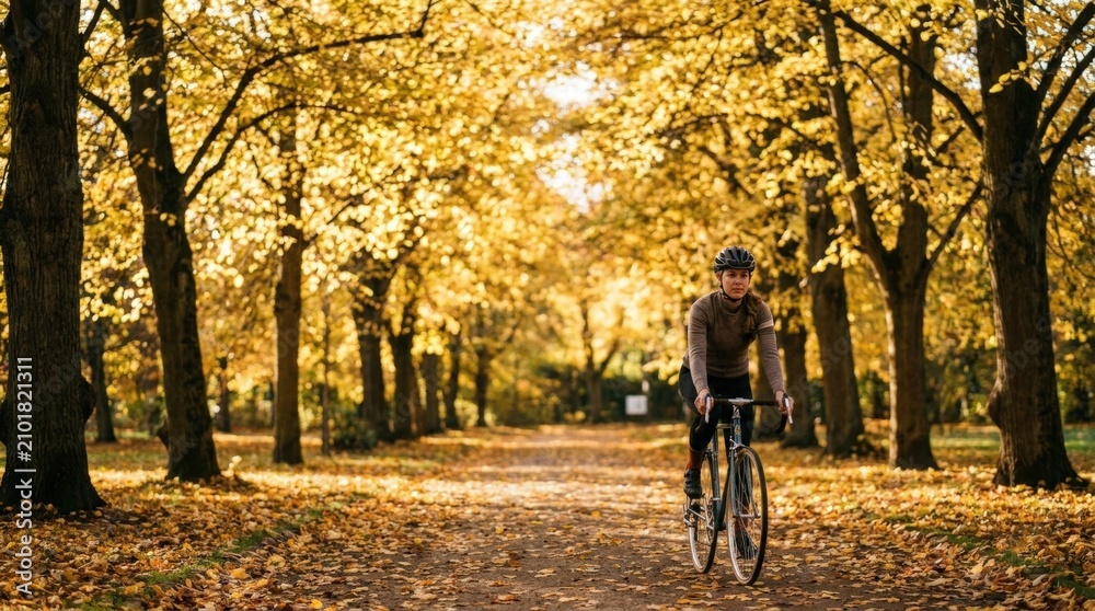 Obraz premium Cyclist riding along autumn park path surrounded by golden trees