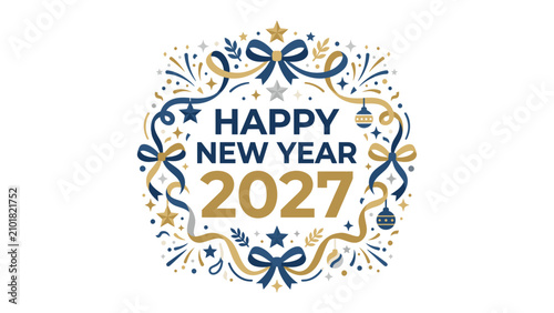 Bild auf Leinwand New Year 2027 Celebration Graphic: A festive and elegant circular graphic announces Happy New Year 2027 adorned with ornate ribbons, bows, stars, and festive accents