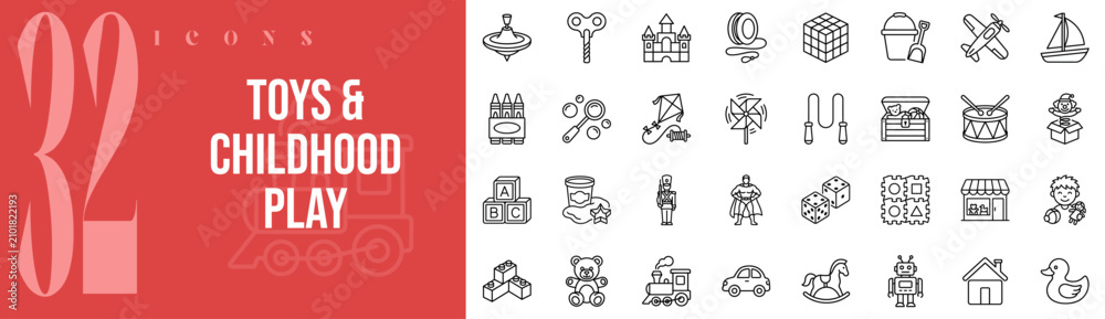 Fototapeta premium Toys Childhood Play Kids Games 32 Outline Icons Vector Set