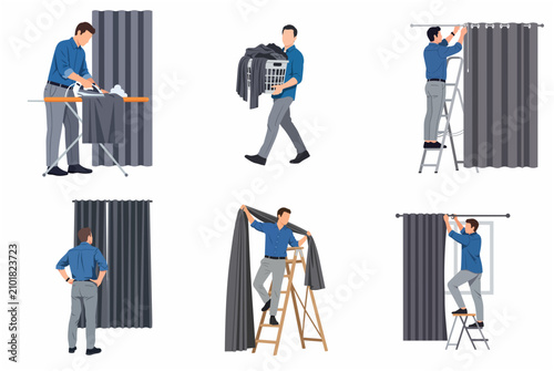 Set of Man Doing Household Chores, Hanging Curtains, Ironing Clothes, and Carrying Laundry Basket Vector Illustration