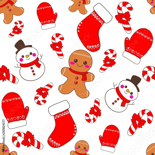 Cute Christmas Seamless Pattern with Gingerbread, Snowman, Candy Cane, Stocking and Mittens