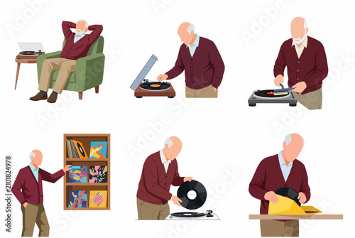 Set of flat illustrations of a senior man listening to music, cleaning vinyl records and using a turntable player