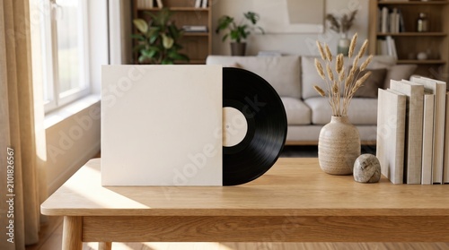Blank Vinyl Record Cover Mockup with Black LP in Modern Interior