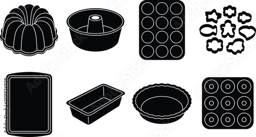 Valokuva Baking Pans and Cookie Cutters Silhouette Set Isolated on White Background for B