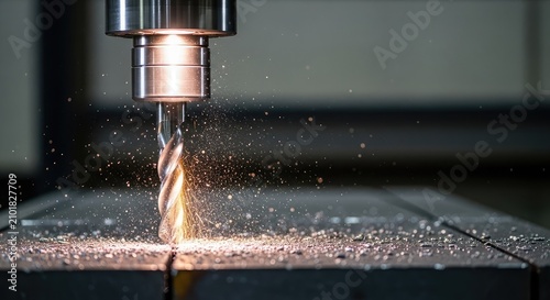 Industrial drilling machine creates a precise hole in a heavy steel slab, with metallic chips and debris flying in a gritty environment, hole, hard, macro