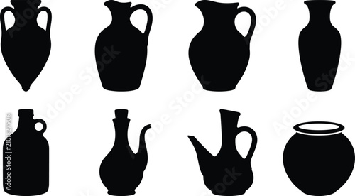 Foto Ceramic Pottery Vases and Clay Jugs Silhouette Vector Set Isolated on White Back