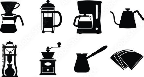 Quadro su tela Coffee brewing equipment and preparation tools silhouette collection including s