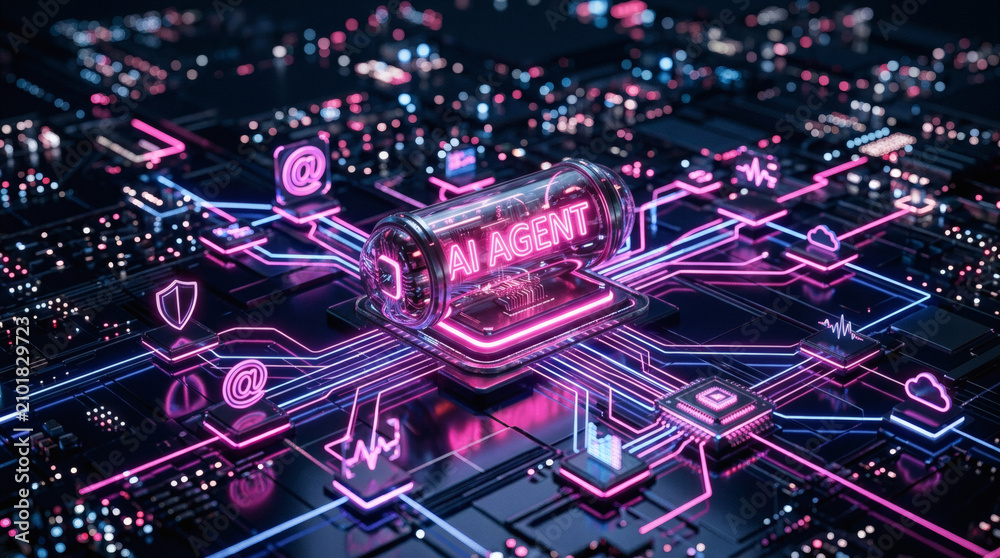 Fototapeta premium Neon Lit Cyber Network System Board.