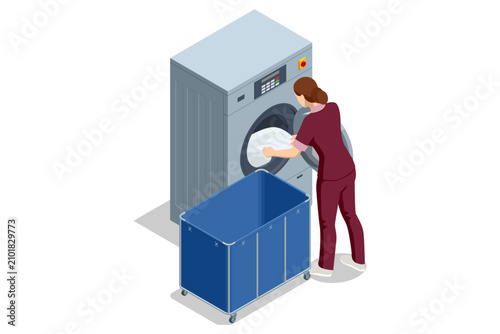 Isometric industrial dry cleaning machine with female worker, folded towel and laundry carts in a professional fabric care area. Commercial textile treatment, linen service and utility workflow
