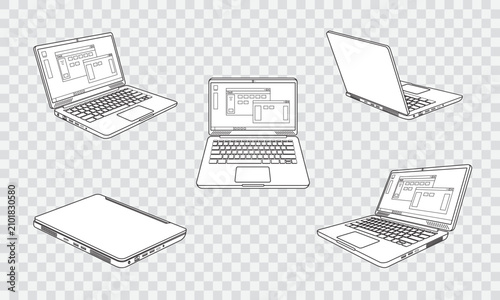 Modern isometric laptop outline vector icon with editable stroke. Minimal line art illustration isolated on white and gray grid background. Perfect for web, mobile apps, UI, technology, business.