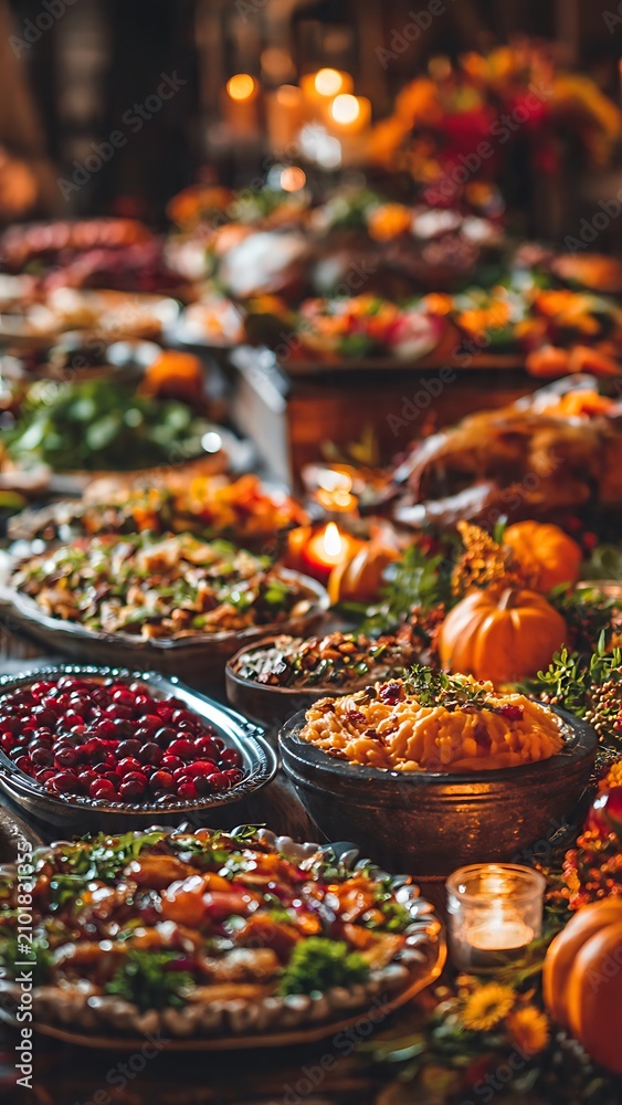 Fototapeta premium Abundant Thanksgiving Feast with Roasted Turkey and Traditional Holiday Sides.