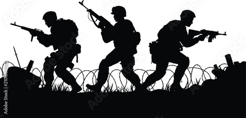 Photos Military Soldiers Combat Silhouette Scene, Armed Infantry Patrol Vector Illustra