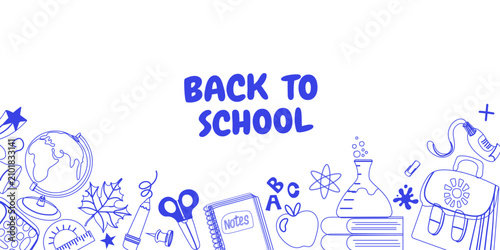 Back to school horizontal web banner template with blue line art school supplies border on white background for education website header, autumn school sale promotional poster, vector illustration