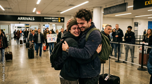 Emotional Reunion at Airport Arrivals: Two loved ones embrace with overwhelming emotion at an airport arrivals hall, reunited after a long separation.