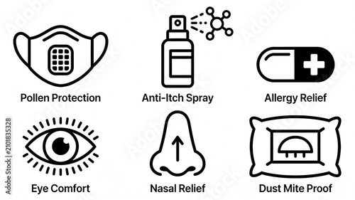 Various anti allergy care icons are neatly arranged to protect against pollen and mite infestations, and are paired with medications to alleviate discomfort caused by eye and nose allergies
