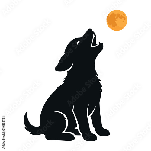 Minimalist silhouette graphic of a cute small puppy howling at an orange glowing full moon isolated on a clean white background for design projects