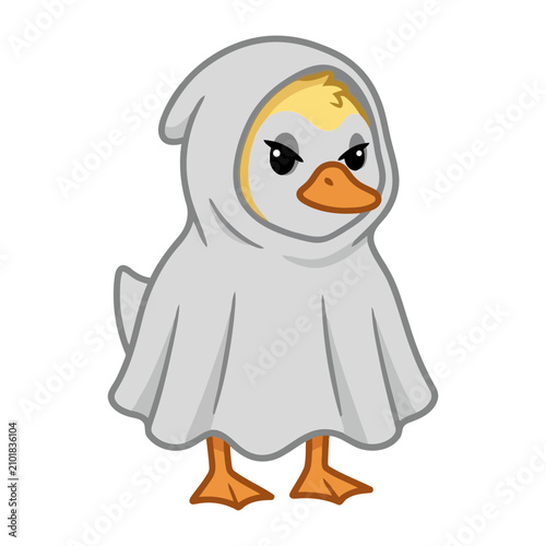 A cute cartoon baby duck wearing a white ghost costume for Halloween trick or treat event with an angry facial expression on isolated white background