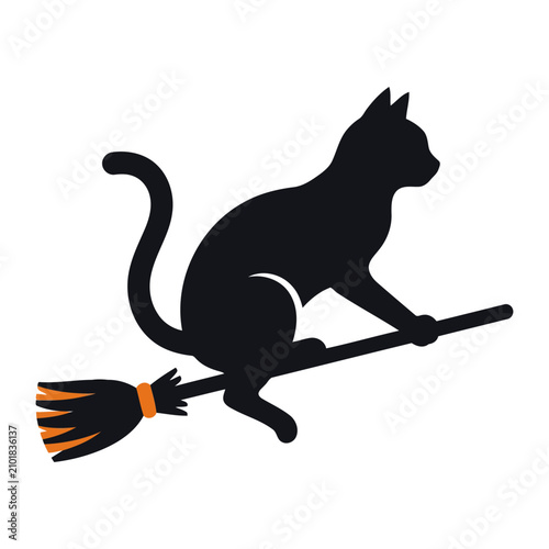 Black silhouette of a cute cat riding a witch broomstick design isolated on white background for spooky holiday themed creative Halloween graphics