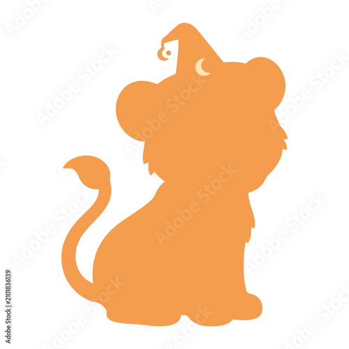 Cute orange lion silhouette sticker vector illustration wearing a wizard hat with moons for a magical Halloween theme design isolated on white backgro