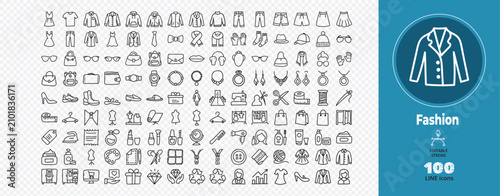 Set of one hundred fashion outline line icons.