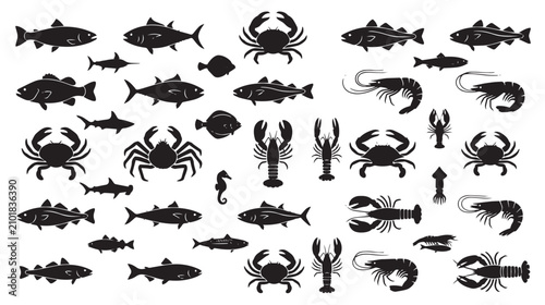 Photos Seafood silhouette collection, black fish and crustacean icons set, marine anima
