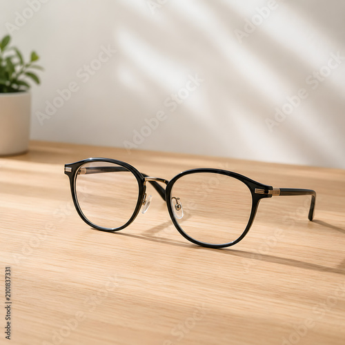 Modern Black Eyeglasses on Wooden Table with Natural Light and Minimal Background