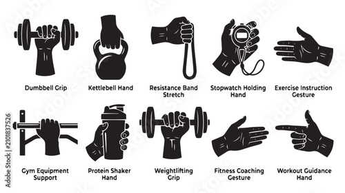 Photos Gym fitness hand gestures and equipment grip icons, 10 black vector silhouettes