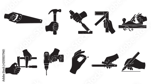 Bild auf Leinwand Vintage woodworking hand tools icon set, black silhouette carpenter hands using