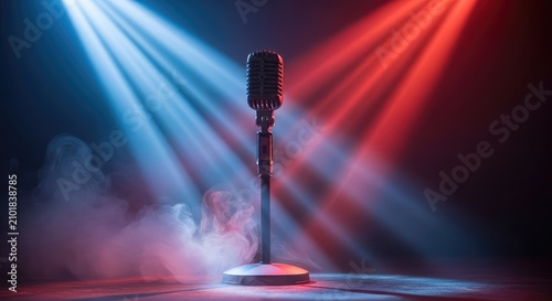 Vintage microphone stands glow under dramatic blue and red lights amidst a thick haze of smoke on a dark stage creating a nostalgic mood, stand, foggy, microphone