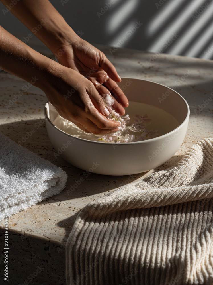 Fototapeta premium Close up of hands placing flowers in a white ceramic bowl of warm water