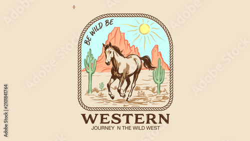 Obraz na płótnie Vintage Western Illustration of a Galloping Horse in a Desert Landscape with Red