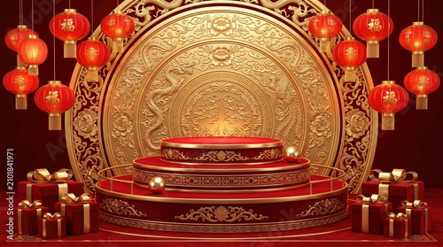 Elegant mid autumn festival scene with red lanterns golden moon gate and gift boxes 3d rendering