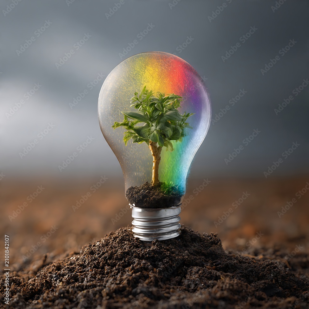 Obraz premium A miniature green tree growing inside a light bulb on dark soil.